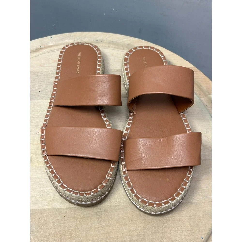 American Eagle Sandals Womens 10 Brown Espadrille Slide Braided Whipstitch 10989